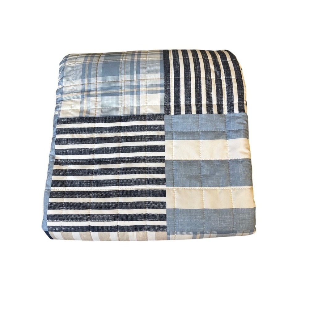 The Big One Full/Queen 3 Piece Quilt Set Blue Striped Patchwork Reversible NEW